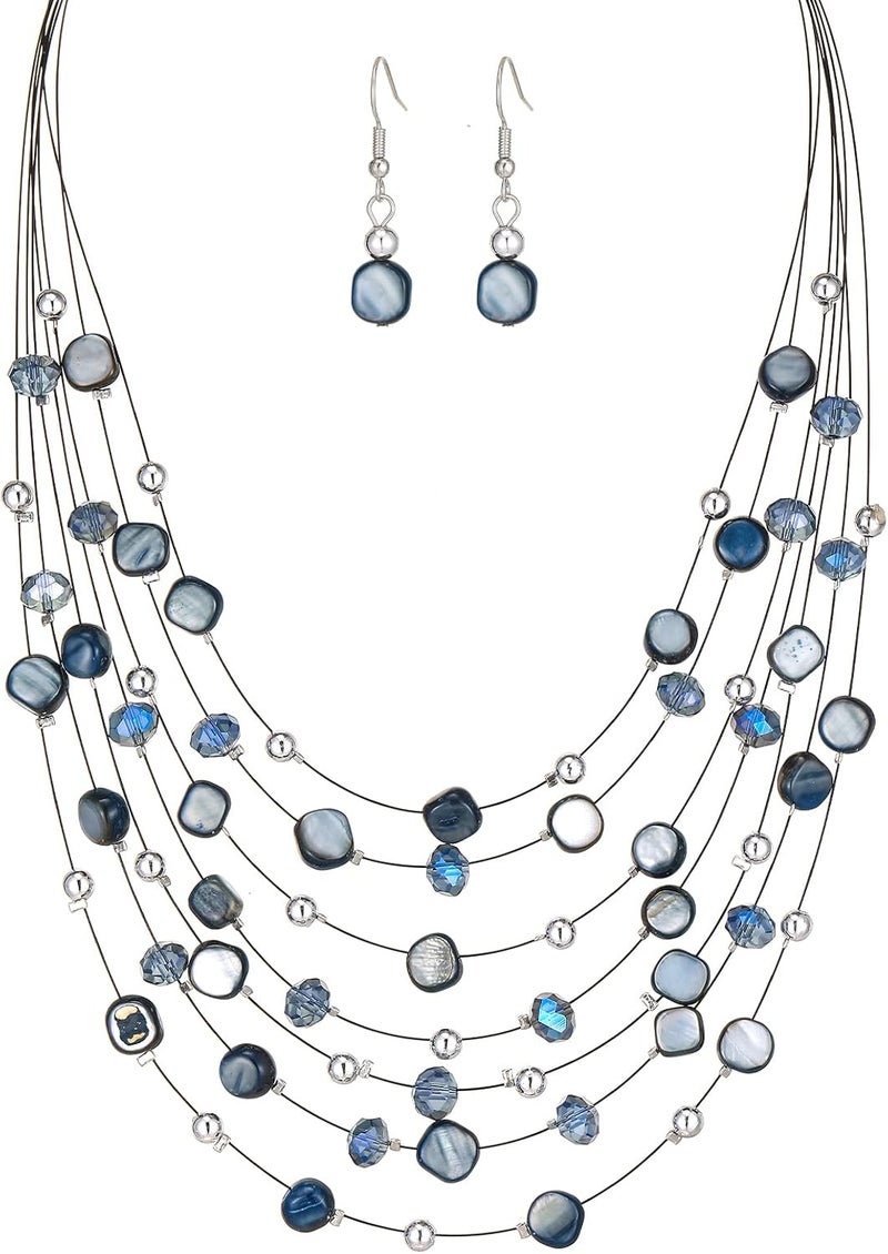 Errally Store Multi-Layer Boho Shell Beaded Necklace for Women Colorful Crystal Strand with Silver Beads Statement Collars Necklace and Earrings Costumes Jewelry Sets for Women - Image 1